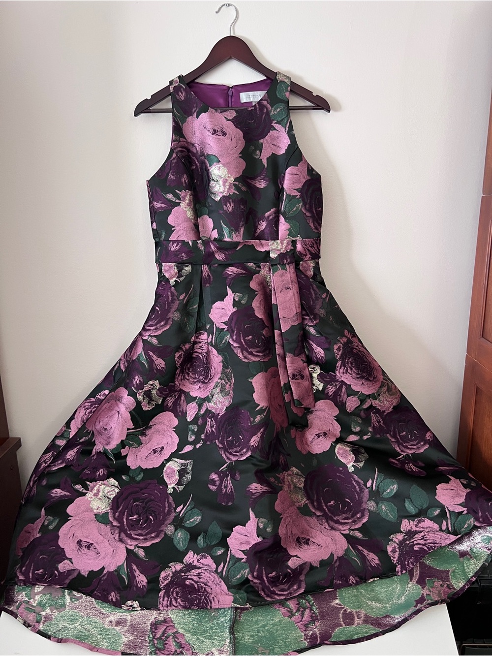 TAHARI Floral Jacquard Fit-and-Flare Dress in Pink & Deep Plum